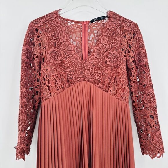 Zara Size Small Terracotta Lace Pleated Guipure Mini Dress Blogger Favorite - Picture 4 of 7